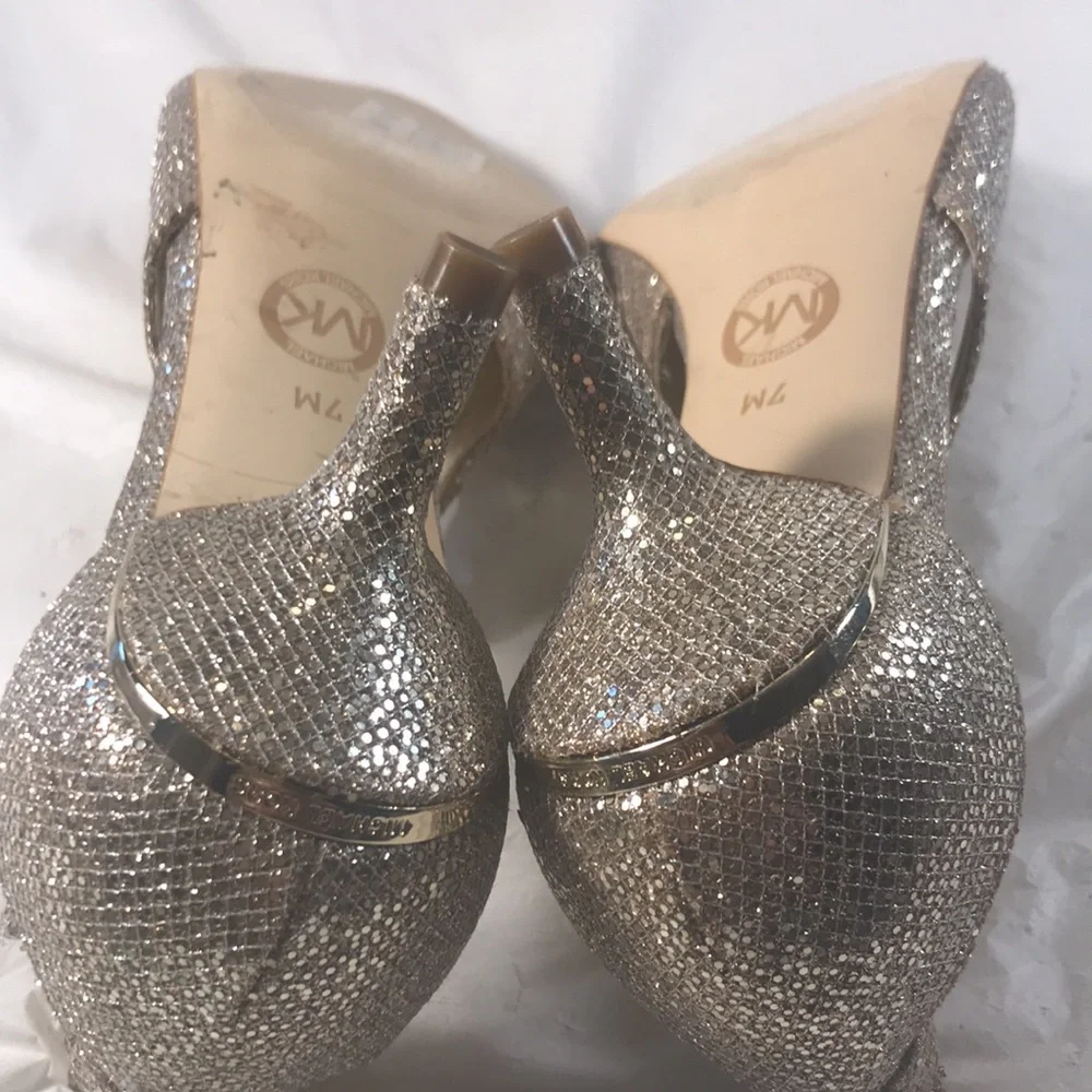 Michael Kors Elegant Sparkly Metallic Gold Women's Adjustable Kitten Heel Pumps